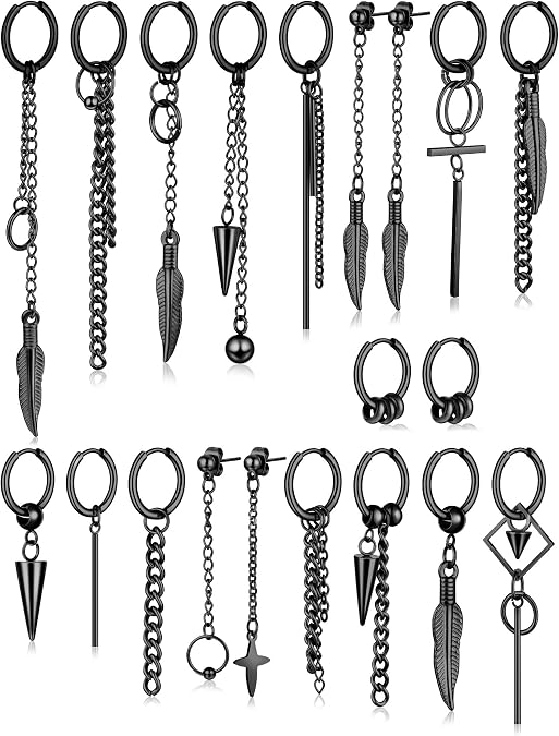 Hicarer 20 Pcs Men Dangle Earrings Stainless Steel Huggie Hoop Drop