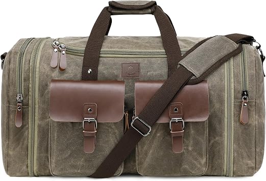 60L Travel Duffel Bag, Expandable Canvas Genuine Leather Duffle Bag Upgraded Overnight Weekender Bag, Vintage Grey, X Large-60L, Classic