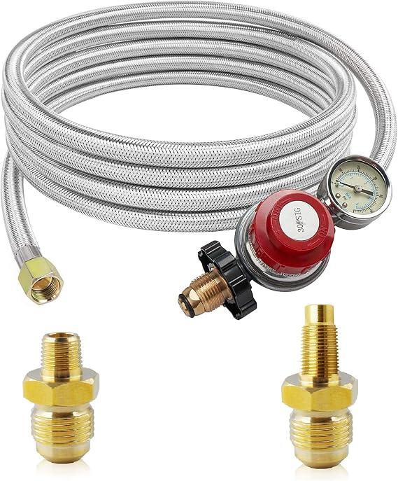 12FT 0-30 PSI High Pressure Adjustable Propane Regulator with Gauge, 3/8" Flare x 1/8" MNPT, Stainless Braided Hose for LP Gas Cooker, Burner, Turkey Fryer, Smoker