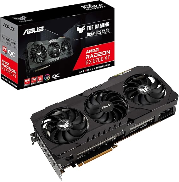 ASUS TUF Gaming AMD Radeon RX 6700 XT OC Edition Graphics Card AMD RDNA 2, PCIe 4.0, 12GB GDDR6, HDMI 2.1, DisplayPort 1.4a, Dual ball fan bearings, all-aluminum shroud, reinforced frame, GPU Tweak II