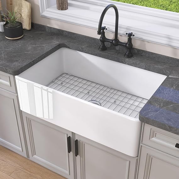 GETPRO White Farmhouse Kitchen Sink 30 inch Fireclay Apron Front Farm Sink