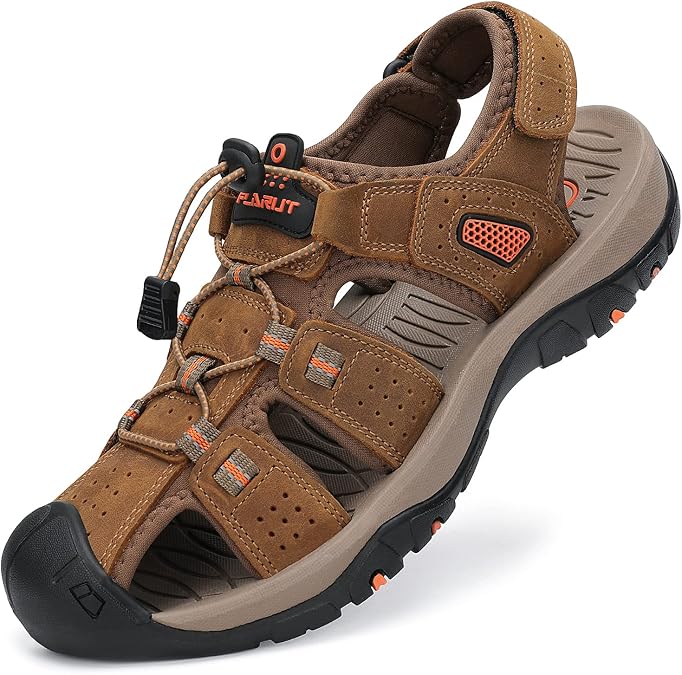 FLARUT Men's Sport Sandals Outdoor Hiking Sandals Closed Toe Leather Athletic Lightweight Trail Walking Casual Sandals Water Shoes