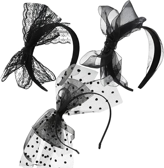 Hicarer 3 Pcs Halloween 80's Lace Bow Headband, Hair Accessories for Women