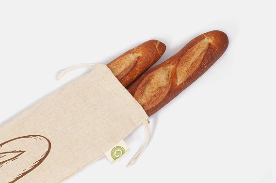 Reusable Linen Baguette Bread Bags - Set of 2 Washable Cloth Bread Bags with Drawstring Closure - Long Size - 29x7