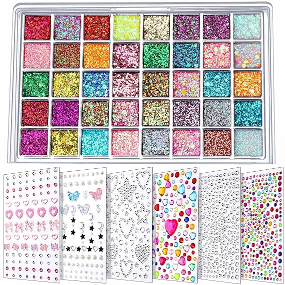 FANDAMEI Face Glitter Face Gems, 40 Colors Glitter Gel Palette with 6 Sheets Self Adhesive Hair Gems, Face Jewels for Women. Face Rhinestones Pearls for Women, Body Hair Glitter