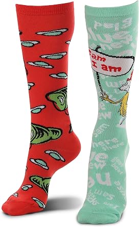 Dr. Seuss Green Eggs and Ham Mismatched Knee High Socks for Adults and Teens