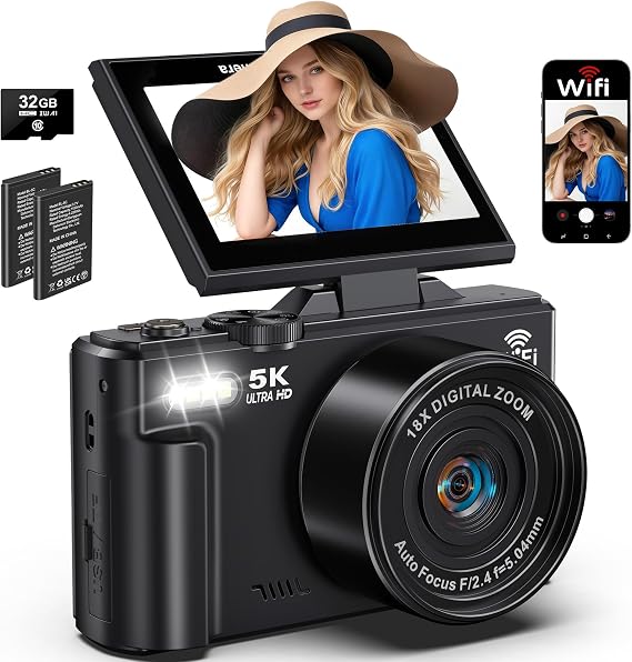 5K Digital Camera for Photography, 75MP WiFi Vlogging Camera for YouTube with 3" 180 Flip Screen, 18X Zoom UHD Autofocus Video Camara with 32GB SD Card, 2 Batteries