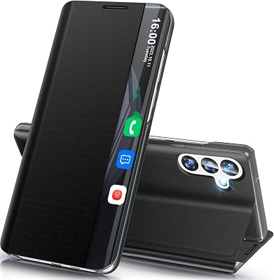 Phone Case for Samsung Galaxy A15 5G Case, Clear View Window Luxury Slim Mirror for Galaxy A15 5G Case with Kickstand, Leather Hard PC Flip Shockproof Protective Cover for Samsung A15 5G Case Black