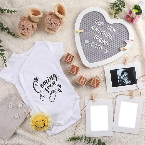 Pregnancy Announcement Set, Coming Soon Baby Announcement for New Parents | Includes Felt Letter Board, Baby Onesie, Booties, Photo Frame & Wooden Blocks, Pregnancy Reveal Gifts for Husband Dad