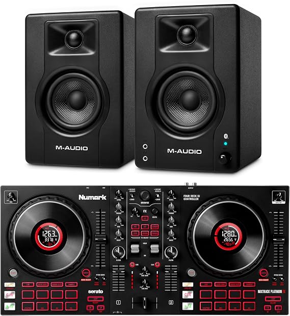 Numark Mixtrack Platinum FX DJ Controller and M-AUDIO BX4 Pair Bluetooth Studio Monitors for Studio Recording, Music Production, Podcasting, Streaming