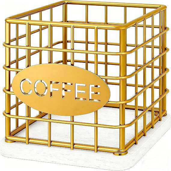 YATINEY Coffee Pod Holder, Compatible with K Cup & Nespresso Vertuo Pods, Large Capacity Coffee Pod Organizer, Versatile Coffee Capsule Storage Basket with Wooden Base, Gold and White KH10DW