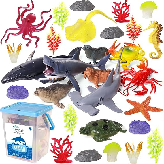 BIWASE Ocean Sea Animal Figure Toys for Kids 3-5, Realistic Sea Life Figures Animal Creature Sand Toys Beach Bath Playset Include Shark Whale Corals Seagrass Crab Octopus Turtle for Boys & Girls