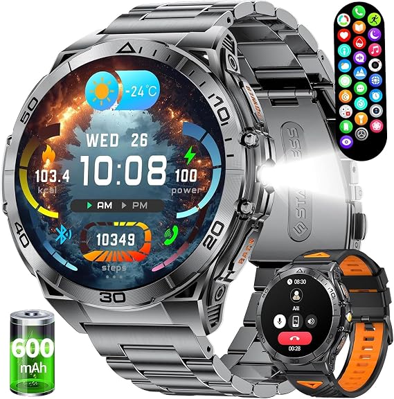 LIGE Military Smart Watch for Men(2 Bands), 1.6'' AMOLED Large Screen Rugged Smart Watch with 600mAh Battery/Heart Rate/Sleep Monitor,IP68 Waterproof Fitness Tracker Watch for Android iPhone Gery