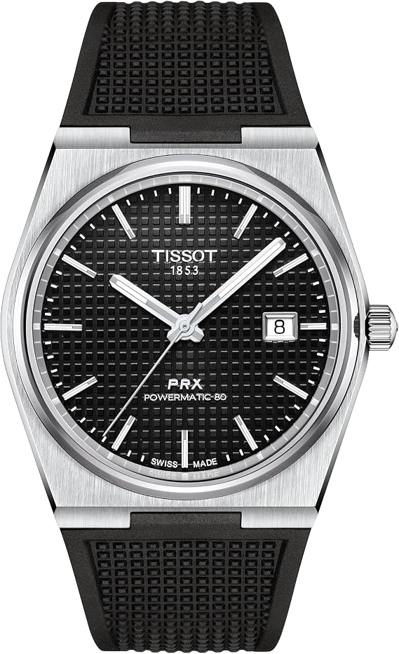 Tissot Mens Tissot PRX Powermatic 80 316L Stainless Steel case Automatic Watches, Black, Rubber, 12 (T1374071705100)