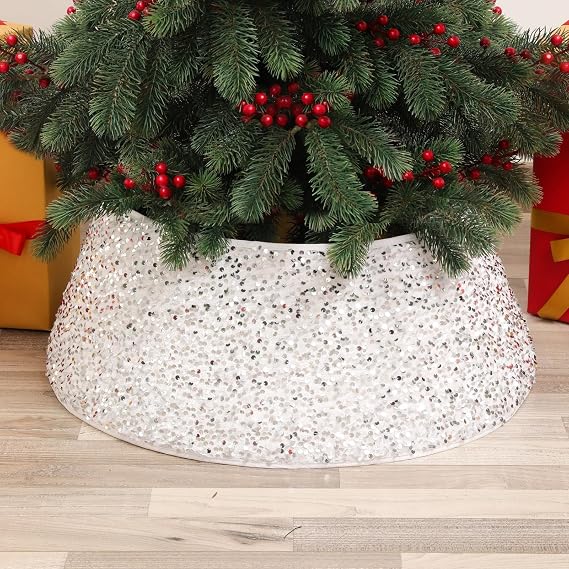 Christmas Tree Collar, Sequin Christmas Tree Skirts, Folable Christmas Tree Ring, Red and Black Plaid Xmas Tree Stand Base Cover for Christmas Tree Decoration (Round White Sequins)