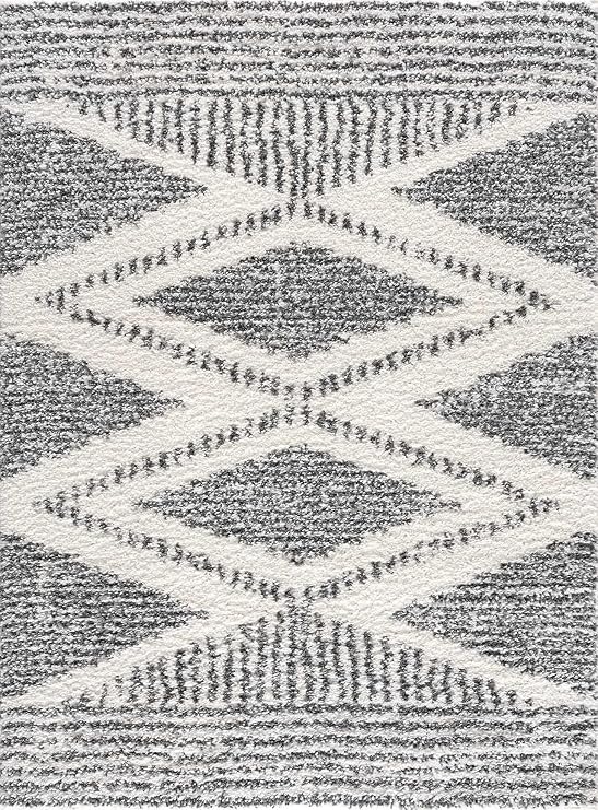 Hauteloom Atlas Moroccan Farmhouse Living Room Bedroom Shaggy Area Rug - Bohemian Shag Rug - Plush High Pile - Southwestern Boho Soft Carpet - Black, Cream, Grey, Beige - 5'3" x 7'3"