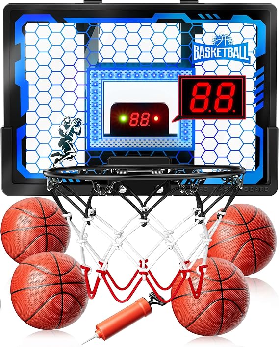 Indoor Basketball Hoop Toy for Kids - Pro Basketball Hoop Over The Door, 2026 New Upgraded Hoop with Anti-Impact Backboard, Scoreboard&4 Balls Basketball Toys for 6 7 8 9 10 11 12 Year Old Boys (Blue)