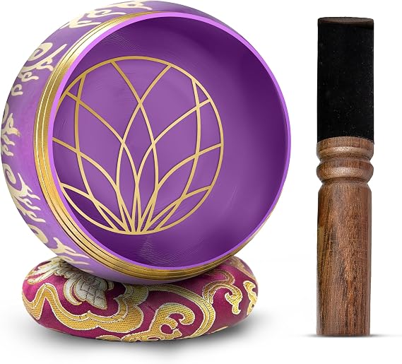 Tibetan Singing Bowl Set - 4" Easy to Play Authentic Handmade Meditation Sounds 7 Chakra Healing HIMALAYAN BAZAAR Purple, 4"