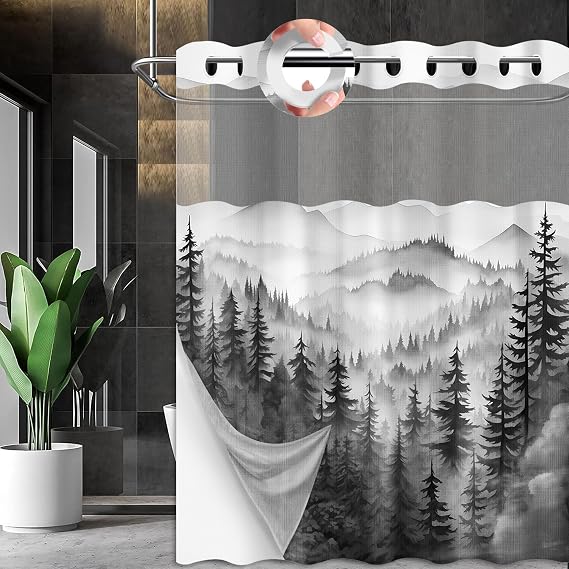 Black Forest Hookless Shower Curtain with Snap in Liner, 71x74 in, 2 in 1