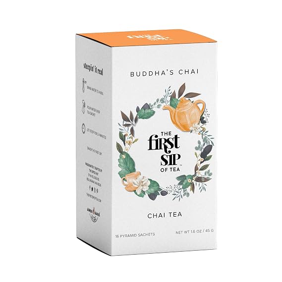 Buddha's Chai, Cardamom Chai Tea Bags w/Cinnamon, High Caffeine, Hot & Iced Tea, 16 Cups, No Sugar Added Spiced Chai Black Tea | The Spice Hut, First Sip
