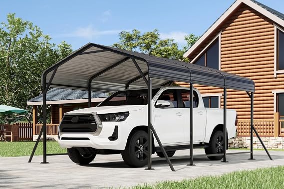 EROMMY 10' x 15' Heavy Duty Metal Carport with Galvanized Steel Roof & Base for All-Weather Protection, Outdoor Carport Garage, Versatile for Car, Boat, Tractor, and Party Use, Dark Gray