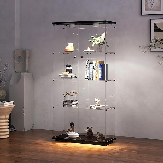 Modern 64.5'' Glass Display Cabinet in Clear with Lock and Lights, Lighted Curio Cabinet Collection Display Case, Floor Standing Showcase for Living Room Home Office