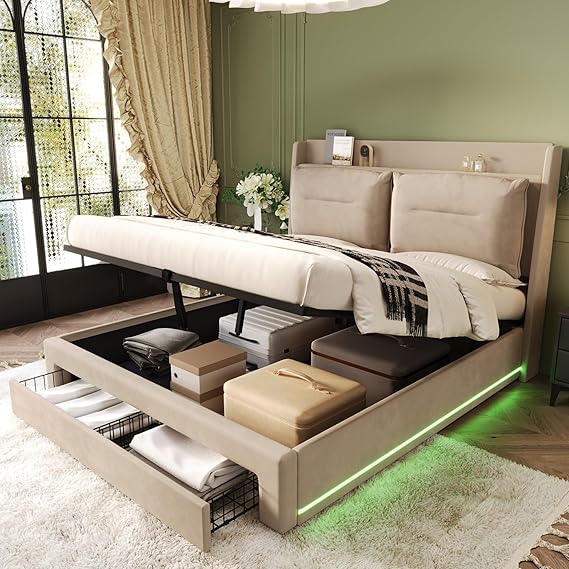 4ft6 Upholstered Double Bed Frame 135x190 cm with LED Light Strips and Headboard, 2-in-1 Hydraulic Ottoman Bed Double with Storage Drawers, Slatted Frame, Velvet, Beige, No Mattress