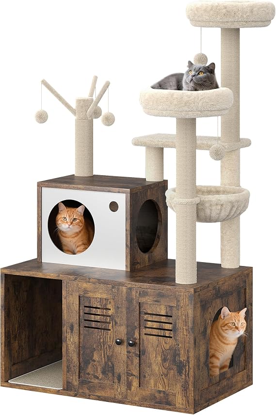 Cat Litter Box Enclosure with Tree Tower and Condo, Hidden Pet Washroom Furniture with Sisal Scratching Post,Hammocks and Soft Plush Perch, Wooden Cat Furniture with Multiple Platforms,Rustic Brown