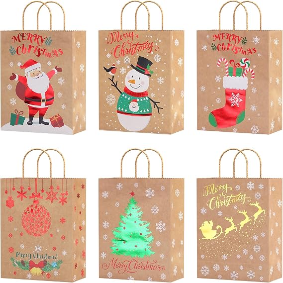 OWill 24 Pcs Christmas Gift Bags, 6 Designs Xmas Bags with Handles, Christmas Kraft Paper Bags for Xmas Party and Decor Supplies-8.7x6.7x3.5 Inches