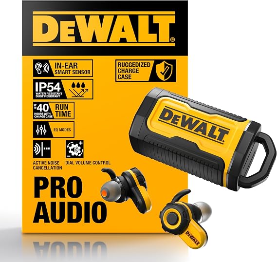 DEWALT Jobsite Pro X2 True Wireless Work Earbuds ANC Active Noise Cancelling, Glove-Friendly Dial Control, 40+ Hour Runtime, IP54 Water Resistant, 4 EQ Modes, Bluetooth