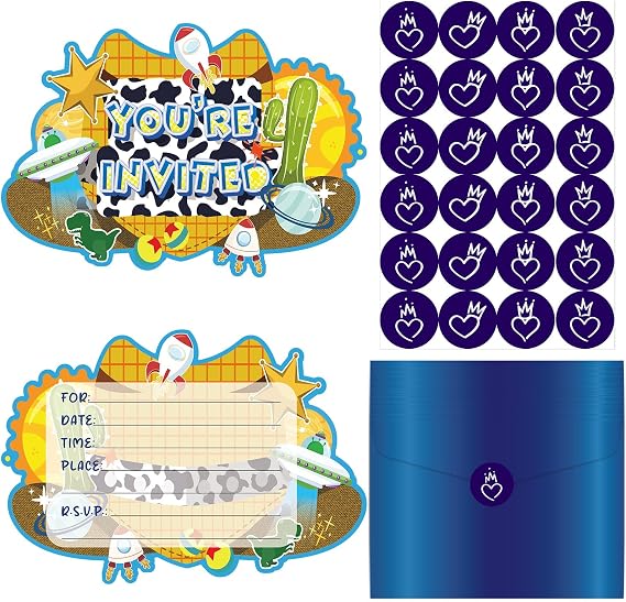 20PCS Kids Birthday Invitations for Boys, Cartoon Toy Movie Themed Invitation Cards For Boys Girls, Story Cowboy Cards with Sticker Labels & 20 Envelope Gifts For Birthday Party Baby Shower