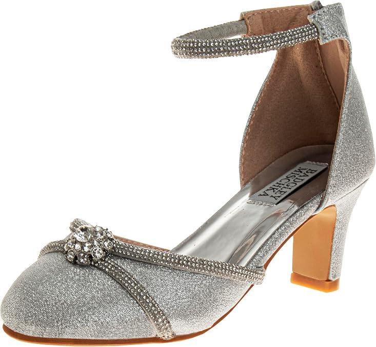 Badgley Mischka Heel Dress Pumps with Ankle Straps - Kids Fashion Dressy Close Toe Block Heel Shoes for Girls - Silver (Sizes 5 Big Kid)