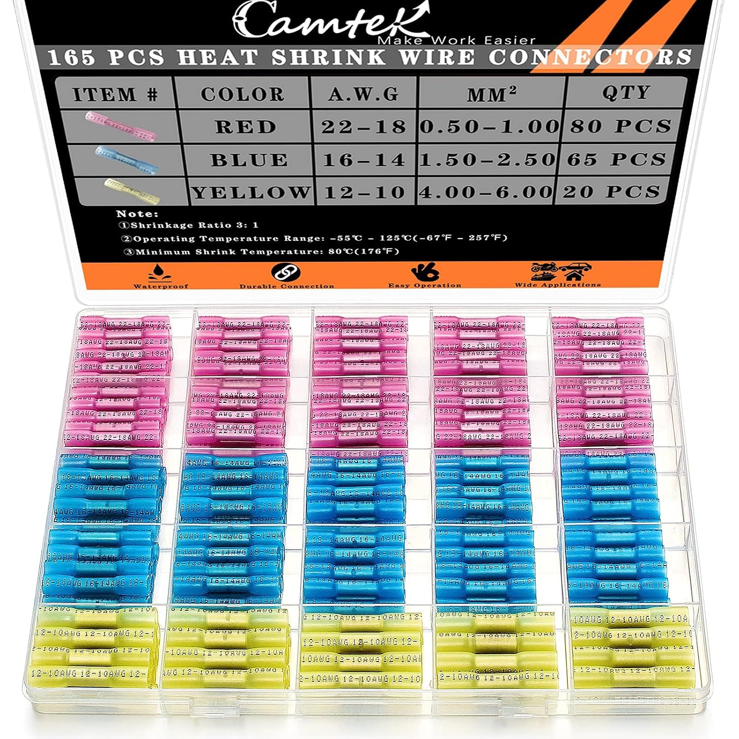 165PCS Heat Shrink Butt Connectors Kit, AWG 22-10 Insulated Waterproof Electrical Wire Connectors Marine Grade Tinned Red Copper Butt Splice Connectors for Marine,Truck,Stereo