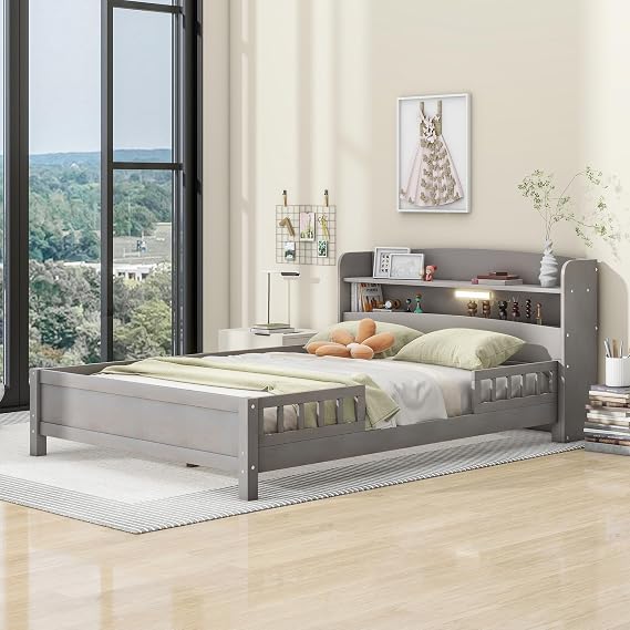 Wood Platform Bed with Storage Headboard and Built-in LED Light, Full Size Platform Bed with Full-Length Guardrail Compatible with Kids, Teens, Bed Frame No Box Spring Needed (White) ,Queen Bed (Ant