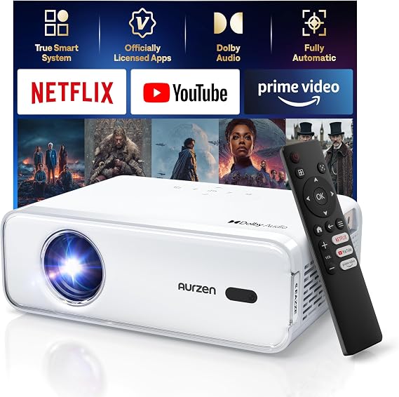 [Netflix App Available & Dolby Audio] Aurzen Eazze D1 Smart Projector | 4K Support, Auto Focus & Auto Keystone, HDR10, 60Hz Portable Projector for iOS/Android/USB/TV Stick