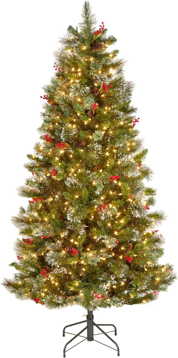 National Tree Company 6.5 ft Pre-lit Wintry Pine Artificial Christmas Tree | 550 Clear Lights, 559 Branch Tips Snow-Dusted Branches, Includes Metal Stand, Green