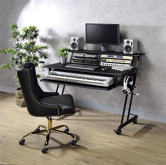 Modern 47In Music Studio Desk, Studio Desk for Music Production, Recording Studio Desk for Producer, Studio Workstation Desk for Music Recording, Piano Tray, Raised Stand (Yellow) (Black)
