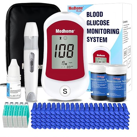 Blood Glucose Monitor Kit, Diabetes Testing with 100 Glucometer Strips,100 30G Lancets, 1 Lancing Device, 1 Blood Sugar Monitor with Control Solution, Large Menory Capacity, No Coding.