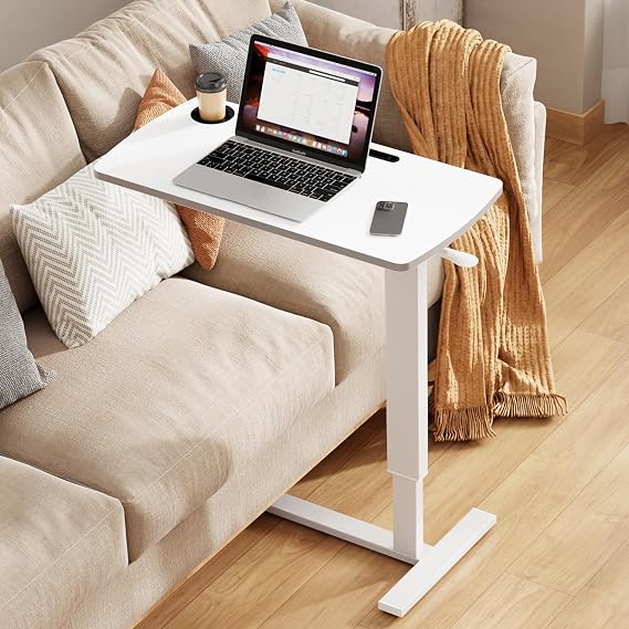 Foldable Overbed Table with Wheels, Pneumatic Adjustable Desk | 31.5 X 17.7 In Desktop with Cup Holders and Tablet Slot, Hidden Casters, 88 Lbs Capacity, Installs on Either Side of Bed