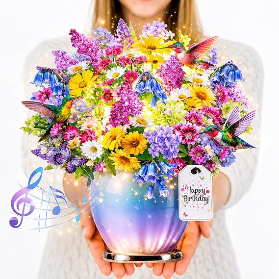 CUISH Hummingbird Birthday Card with Music and Lights, 3D Pop Up Bouquet