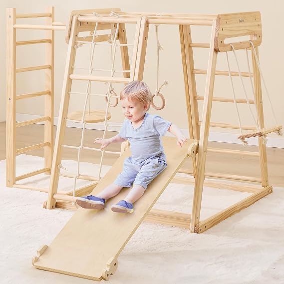 8 in 1 Indoor Playground for Kids 1-6, Wooden Indoor Jungle Gym with Slide & Swing, Toddler Climbing Toy with Climbing Net & Monkey Bars