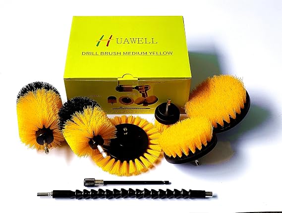 HUAWELL 8 Pack Drill Brush Power Scrubber Cleaning Brush Extended Long Attachment Set All Purpose for Bathroom Surfaces, Grout, Floor, Tub, Shower, Tile, Kitchen and Car (Yellow)