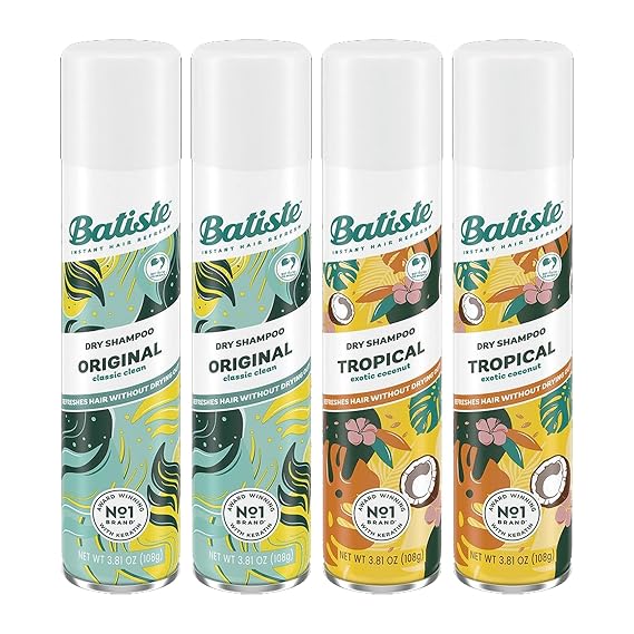 Batiste Dry Shampoo Spray 4-Pack Variety Mix, Original Clean and Classic and Tropical Fragrance, 2 Each 3.81 Ounces