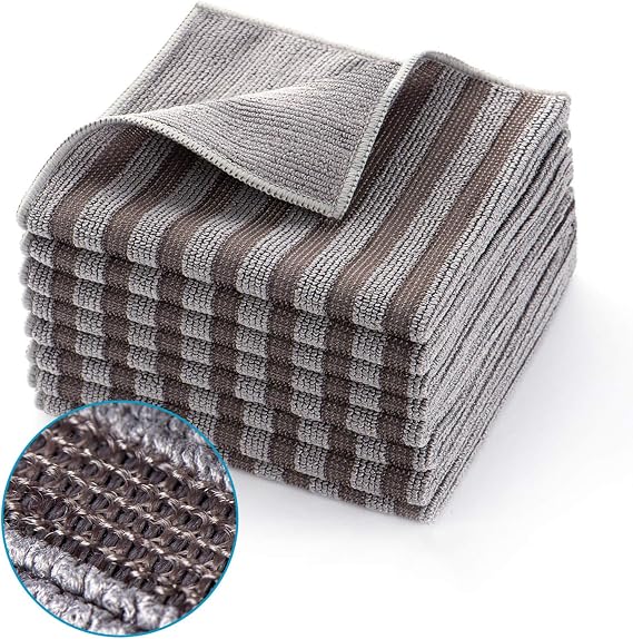 Stainless Steel Microfiber Cloth Double-Sided Cleaner Rag, Non-Scratch Scrub Cleaning Polishing Towel for Appliances, Kitchen Reusable Fridge Wipes, Gray Stripe, 8Pack, 12x12Inch