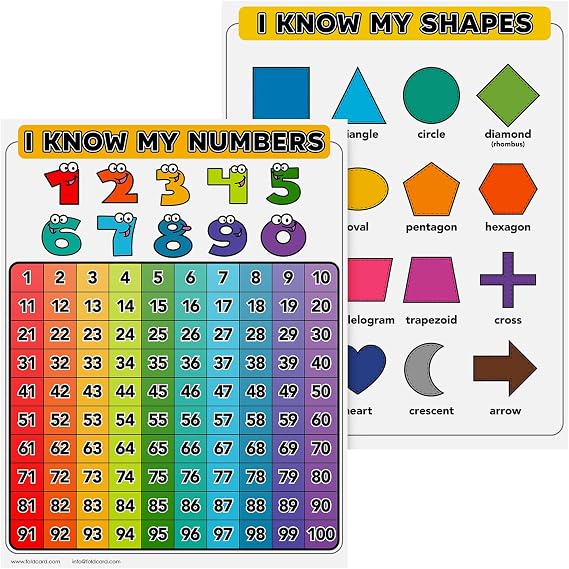 Numbers 1-100 Chart and Shapes Chart for Preschool to Grade 1 Kids Double-Sided Colorful Visual/Learning Aid Poster for Classroom or Home | Durable Laminated Cardstock | 8.5" x 11" | 5 per Pack