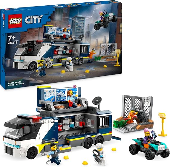 LEGO City Police Print with Laboratory Police Set with Quad and Truck Toy for Children Gift for Boys and Girls from 7 Years Plus 5 Mini Figures - 2 Police Officers 1 Scientist and 2 Crooks 60418