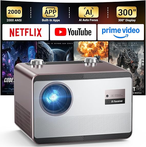 HAPPRUN 2000 ANSI 4K Decoding Outdoor Projector with Built-in Streaming App | Smart Projector with WiFi and Bluetooth, AI Auto Focus & Keystone, Home Theater Projector for Indoor & Outdoor Movies