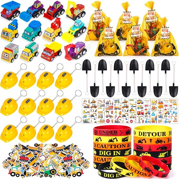 150 Pcs Construction Party Favors Kids Toddler Construction Toys Trucks Stickers Goodie Bag Shovel Wristband Flashlight Keychain Vehicles Toy Birthday Party Supplies for Boys Girls