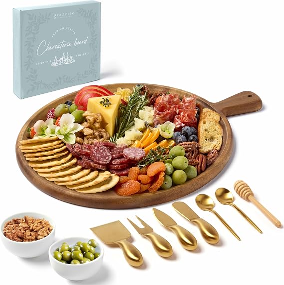 Charcuterie Board Set - Round Acacia Cheese Board Serving Tray with Accessories - House Warming Gifts for New Home, Bridal Shower & Wedding Gift, Birthday Gifts for Women