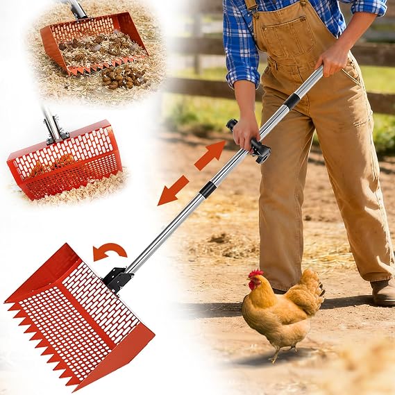 Chicken Poop Scooper for Sand, 12'' Wide 2-in-1 Chicken Coop Scooper and Rake, 36'' to 77'' Extra-Length Effort-saving Handle Chicken Coop Pooper Scooper Sifting Shovel, Chicken Coop Cleaning Tools
